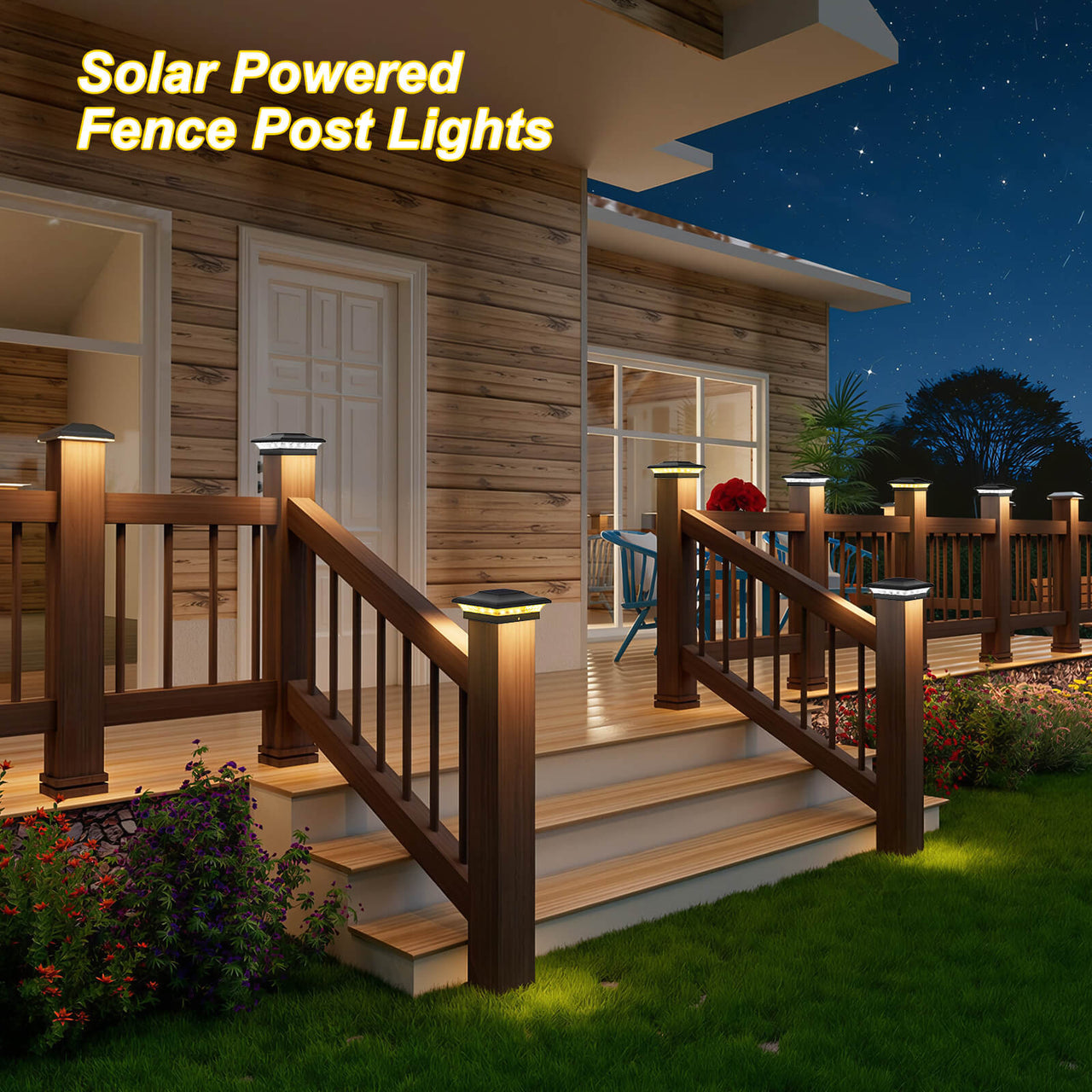 4x4 Black Solar Post Cap Lights Warm & Cool White LED Fence Lights Waterproof Auto Dusk to Dawn