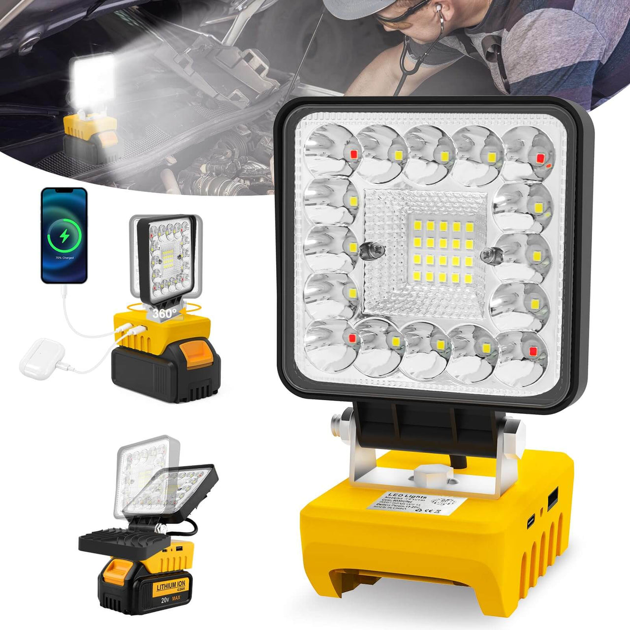 Cordless Work Light for Dewalt 18V/20V Battery Portbale Work Light for USB & Type C Charging Port