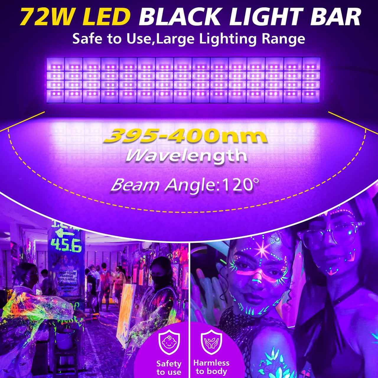 72W LED Black Light Bar 22x22ft Area Strip Lights with Plug and Switch
