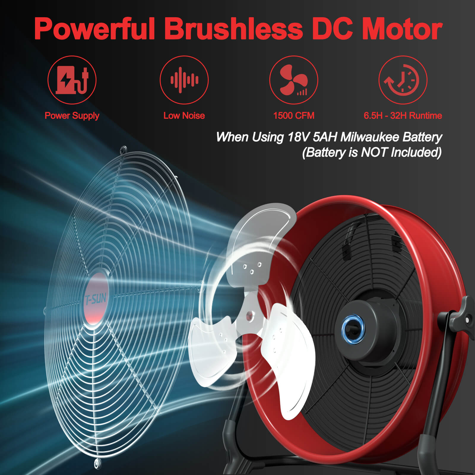 12" Battery Power Floor Fan Compatible with ith AC Adapter and USB Output, Milwaukee Battery -TSUN