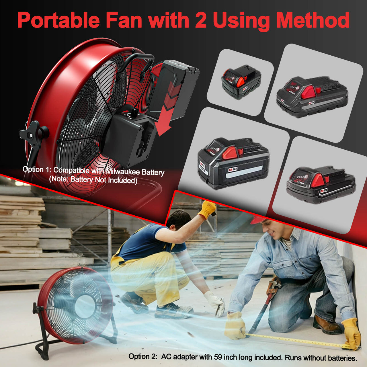 12" Battery Power Floor Fan Compatible with Milwaukee Battery-2