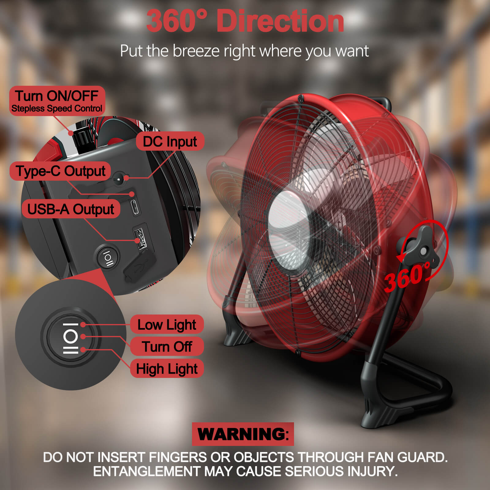 12" Battery Power Floor Fan Compatible with Milwaukee Battery Function