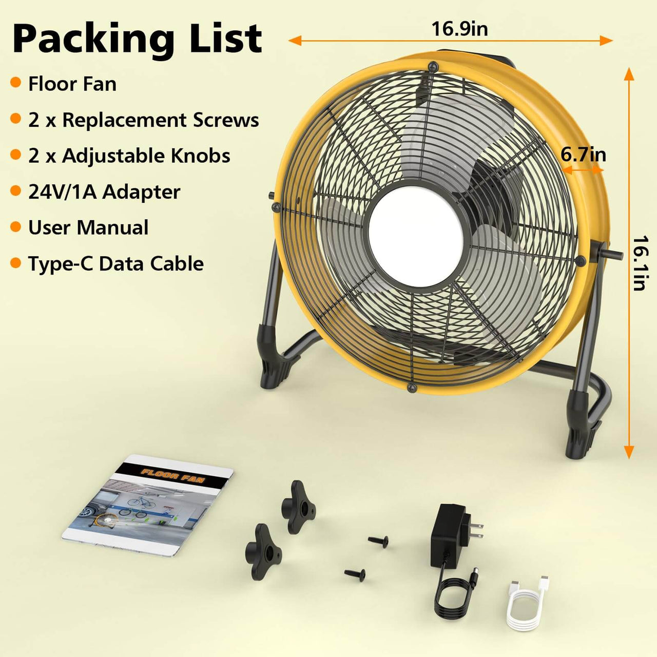 Portable 12/16 Inch Cordless Jobsite Fan with LED Light, Stepless Speed Battery Powered Industrial Floor Fan Compatible with DeWalt 18V/20V, USB-C