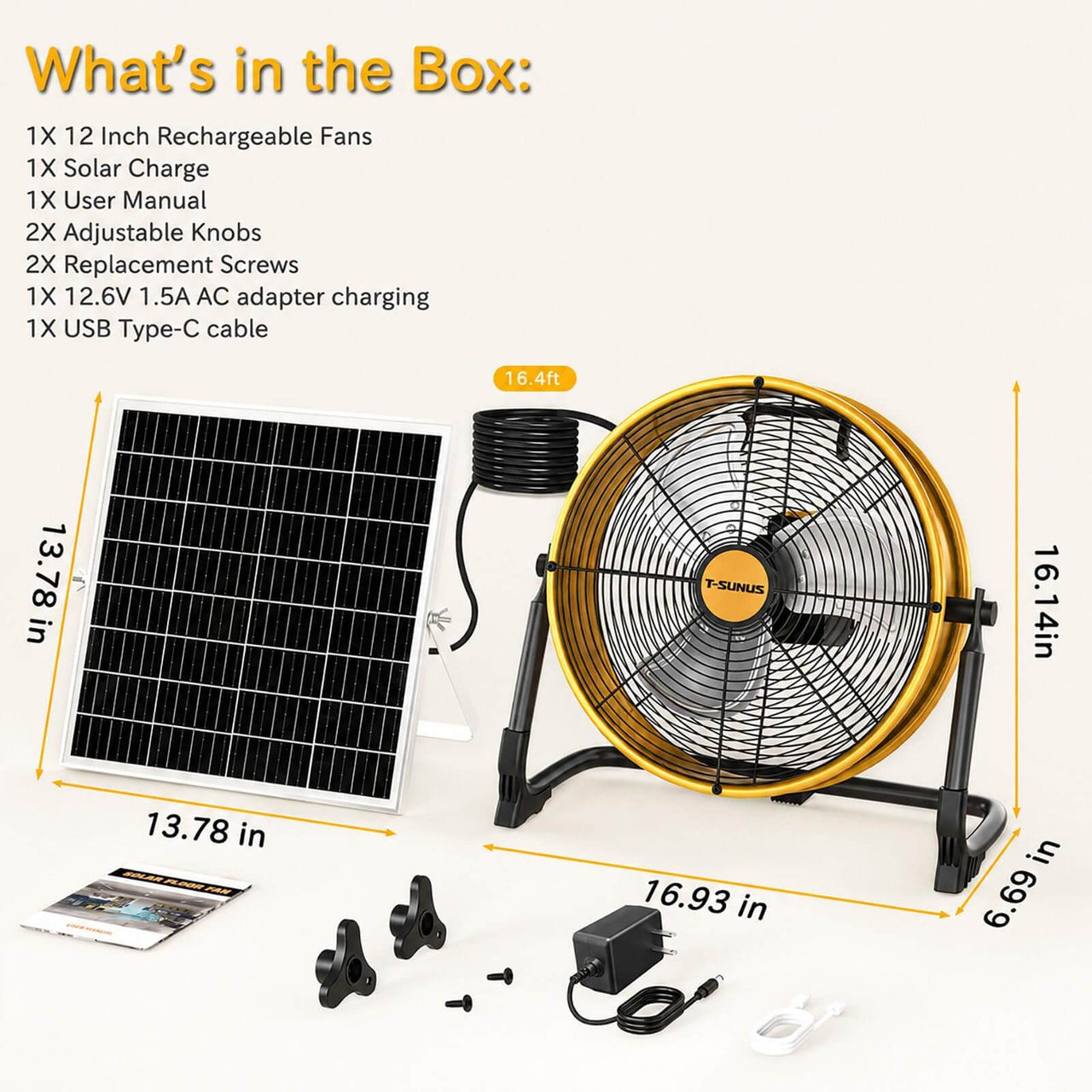 12'' Solar Powered Floor Fan with Solar Panel Portable Outdoor Camping Fan for RV, Patio, Garage