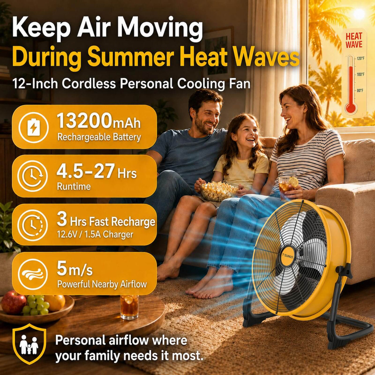 Cordless 12" Floor Fan with Quiet Brushless Motor (13200mAh)
