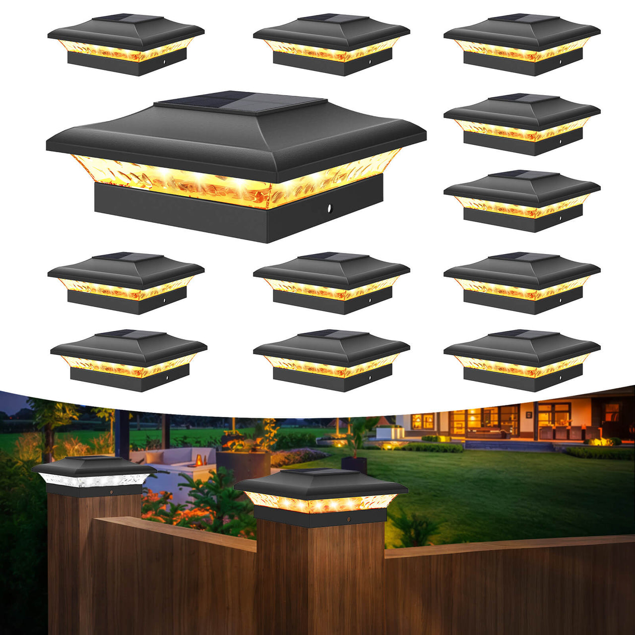 4x4 Black Solar Post Cap Lights Warm & Cool White LED Fence Lights Waterproof Auto Dusk to Dawn
