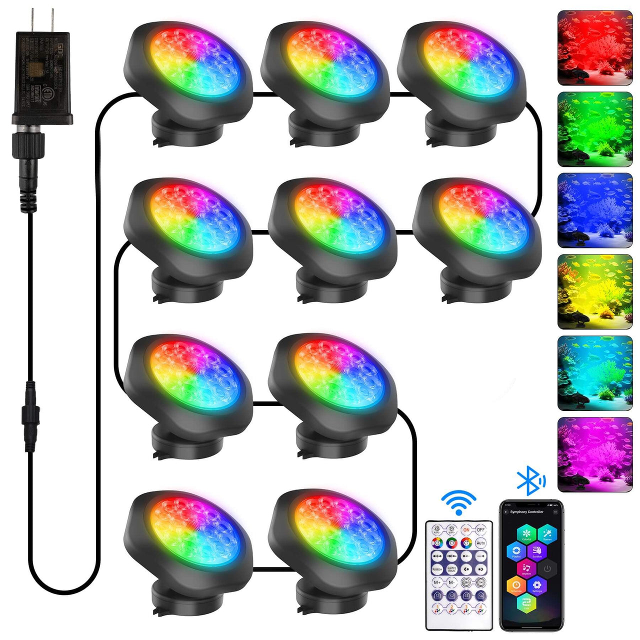 Bluetooth Submersible Pond Lights RGB IP68 Waterproof Fish Tank Lights 10-Head