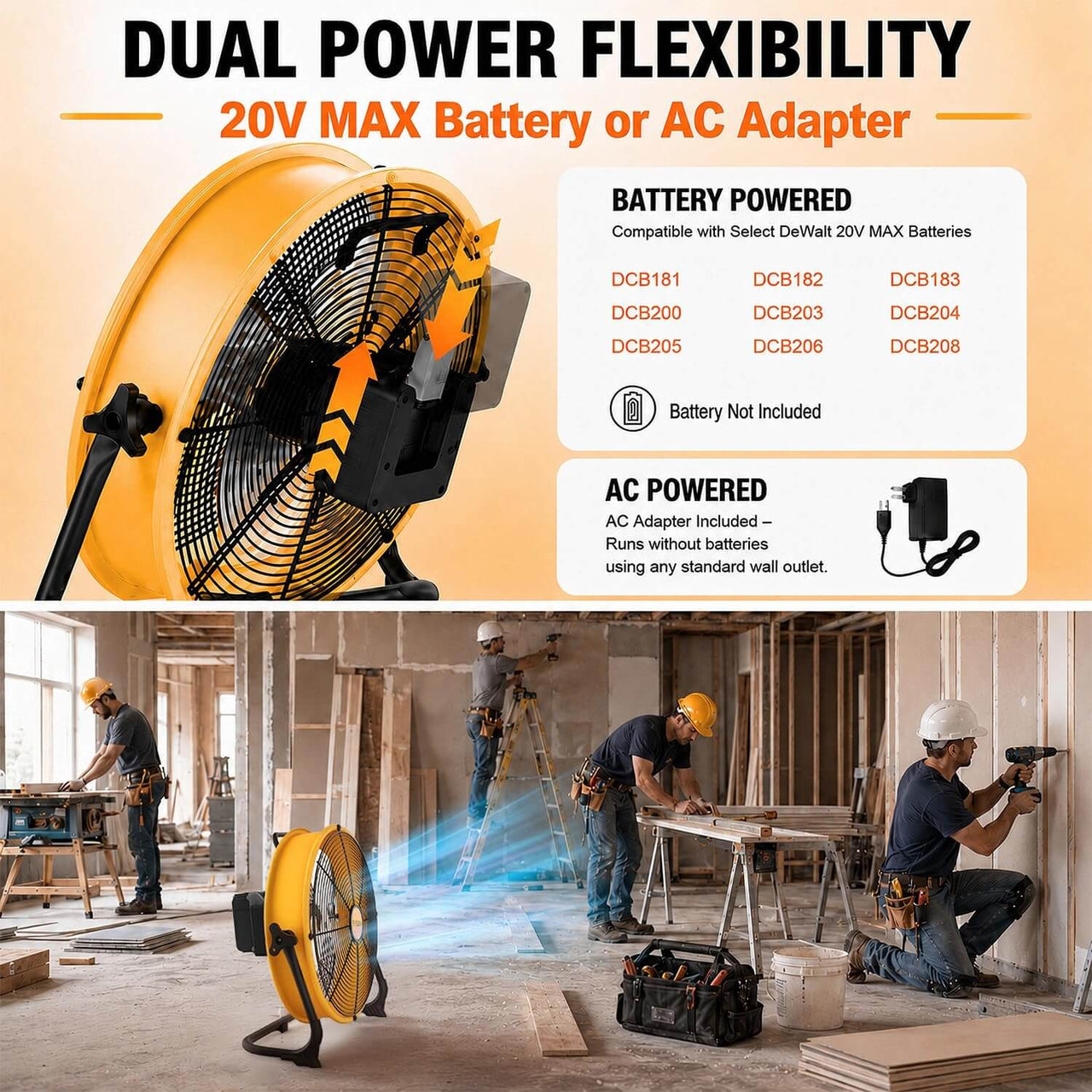 12/16-Inch Portable Fan Compatible with DeWalt 20V MAX Battery Battery Powered Fan with AC Adapter & USB-C Output