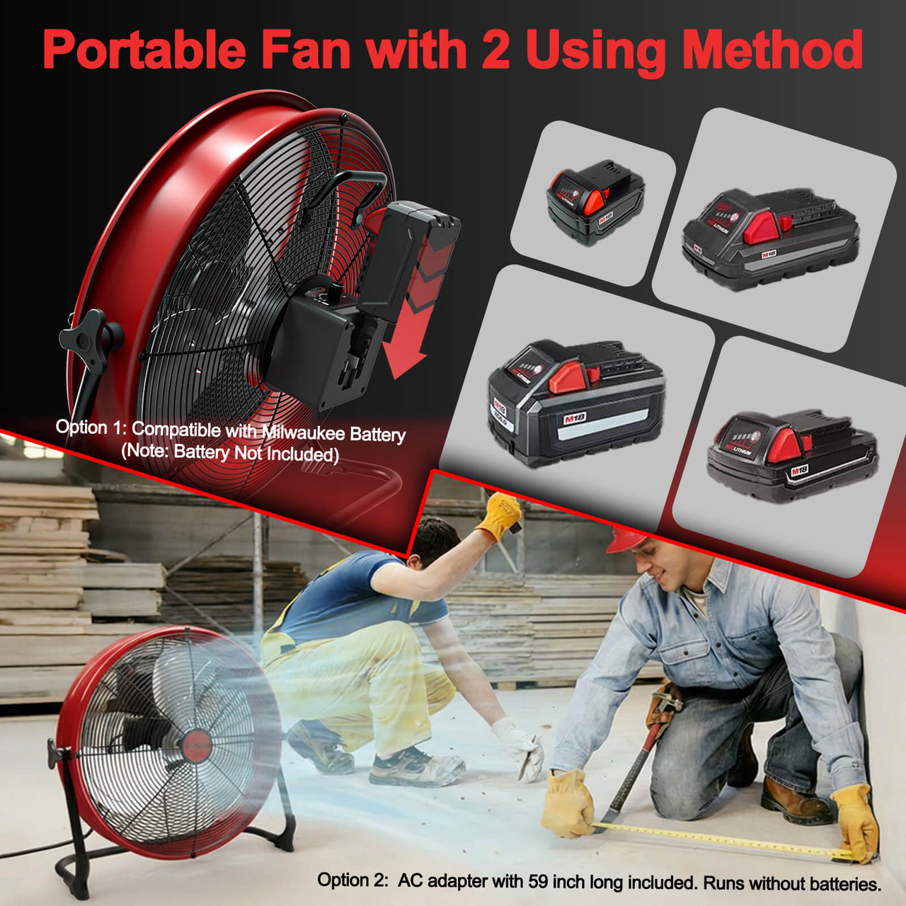 16" Battery Power Floor Fan Compatible with with AC Adapter and USB Output, Milwaukee Battery