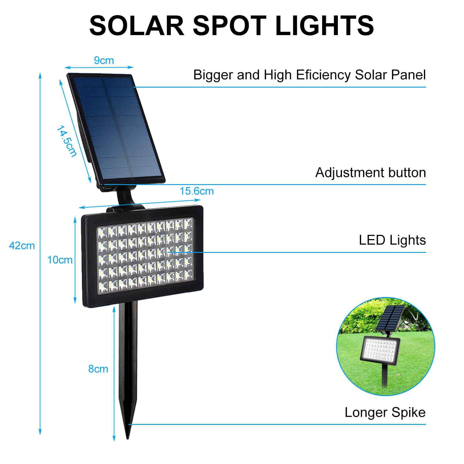 Solar spot lights have bigger and high effciency solar panel